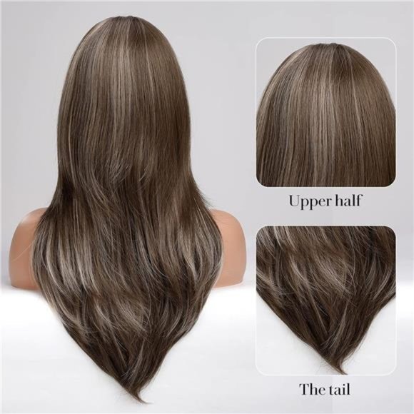 HOT BLONDE Wig with Bangs Long Straight Layered brown with blonde highlight - Picture 5 of 7